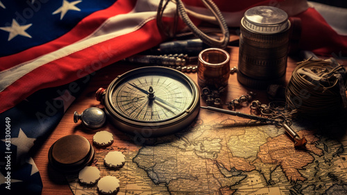 vintage magnifying glass and old american compass on the map. generative AI