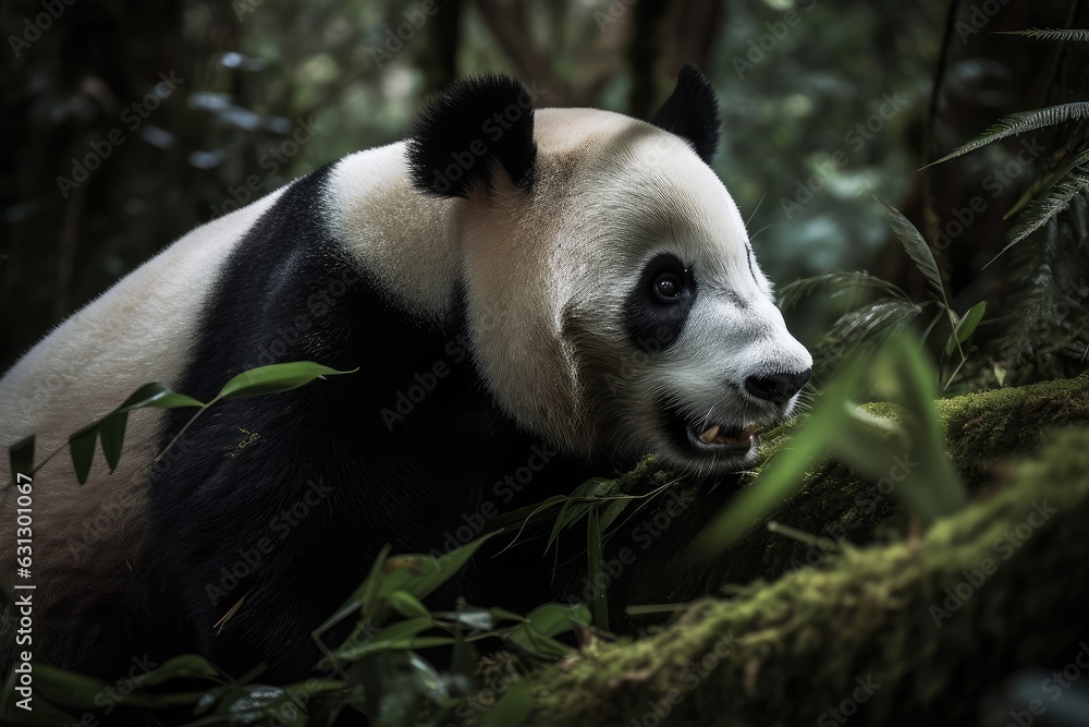 Lone panda tasting shoots in bamboo forest., generative IA