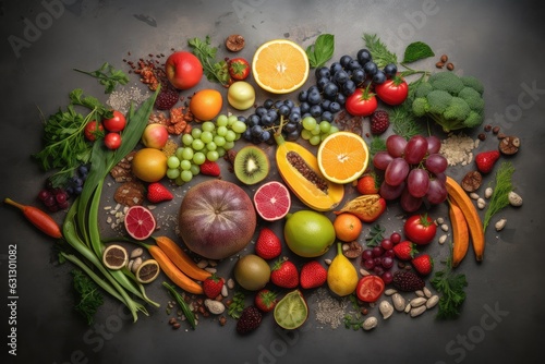 Selection of healthy foods on a gray background., generative IA