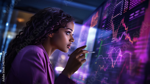 A black female trader writing on a board in the stock market