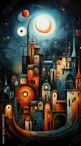 A painting of a city at night with the moon in the sky. Romantic surreal landscape.