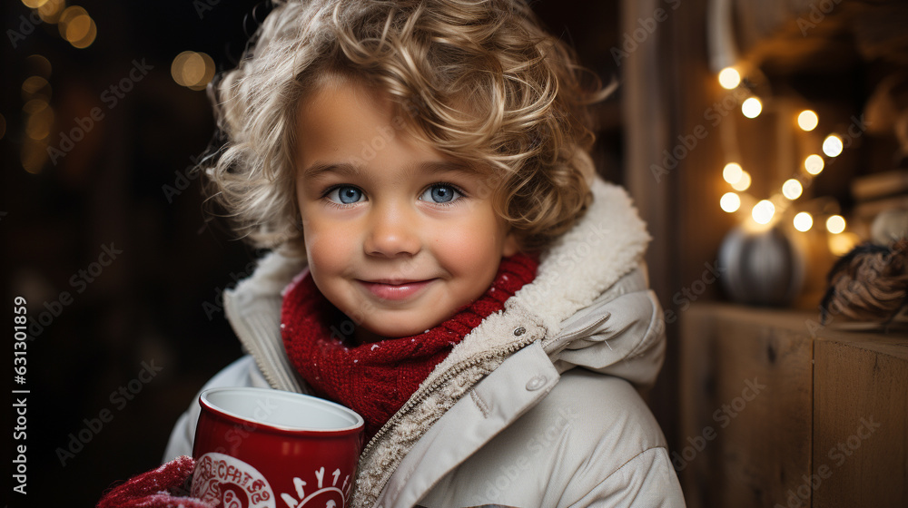Portrait of a Cute Young Boy Warmly Dressed for a Cool Winter Christmas Holding a Cup of Hot Cocoa. Generative AI.