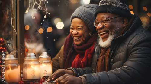 Happy African American Senior Couple Enjoying The Holiday Decorated Christmas Shops in the Village. Generative AI.