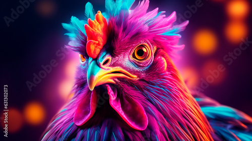 colorful illustration of abstract background with colorful head of cockck with feathers photo