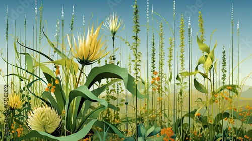 AI-generated illustration of grasses, forbs and flowers in summer. MidJourney. photo