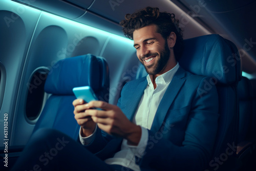Smiling Business Man in Suit Using Smartphone While Sitting in an Airplane