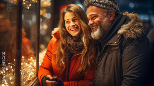 Happy Middle-aged Couple Enjoying The Holiday Decorated Christmas Shops in the Village One Evening. Generative AI. © Andy Dean
