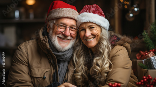 Affectionate Senior Couple Outdoor Portrait Wearing Warm Christmas Holiday Attire. Generative AI.