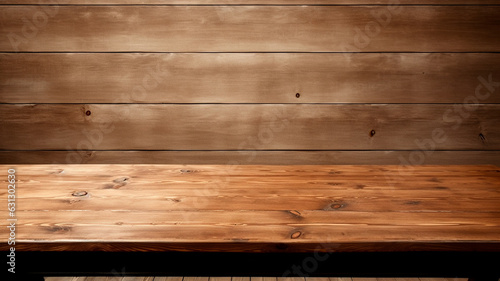 empty wooden table with brown wooden wall background. generative AI