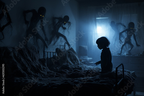 Nightmares, bad dreams. Terrible, scared, fear, unhappy, spooky, creepy and afraid. Childhood horrors, monsters, ghosts, devil. Dark, night, bedroom, bed and pilow