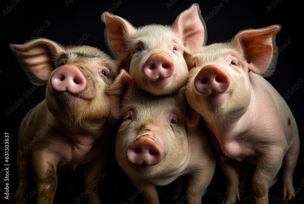 Four friendly cute young pigs take selfie Four friendly cute young pigs take selfie