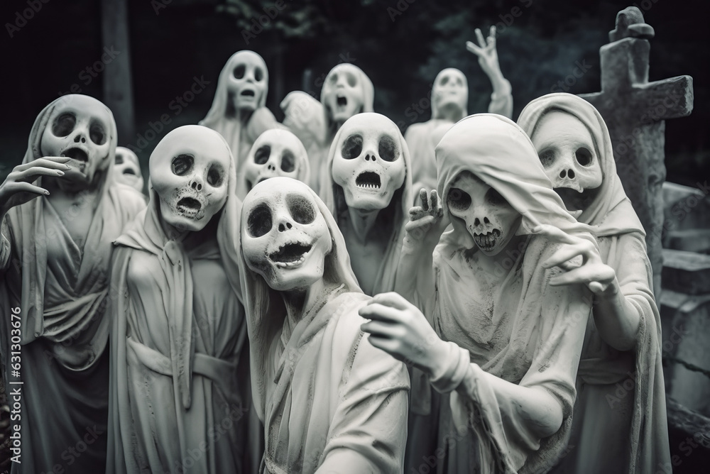 Crowd of terrible ghosts in the night cemetery Crowd of terrible ghosts in the night cemetery