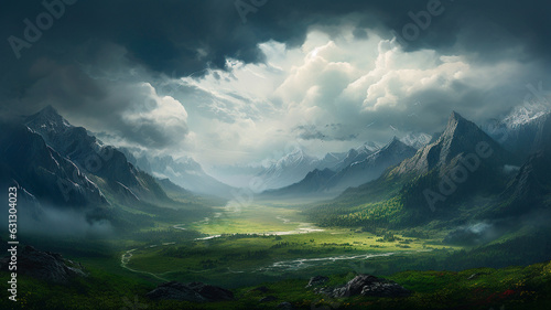 fantasy mountain landscape, fantasy illustration. Generative AI © Aram