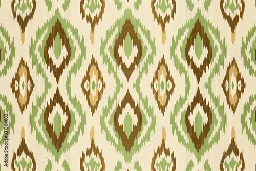 Ikat pattern in light brown and green ethnic pattern. Traditional folk antique ornate elegant luxury background. Print design for fabric texture textile wallpaper background backdrop.