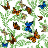 Green twigs with butterflies seamless pattern. Vector illustration