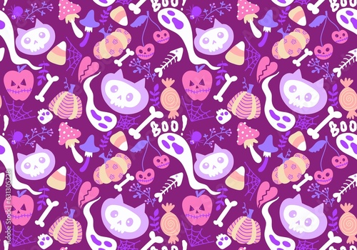 Cartoon Halloween cats seamless pumpkins and skulls and ghost and mushrooms pattern for wrapping paper