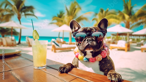 funny french bulldog wearing sunglasses with a red bow and sunglasses on a wooden bench. Generative AI © Aram