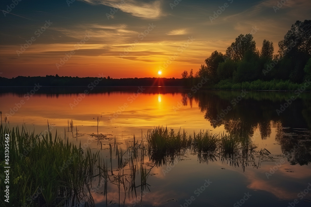 Sunset over a tranquil lake on a summer evening