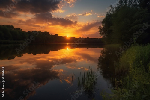 Sunset over a tranquil lake on a summer evening photo
