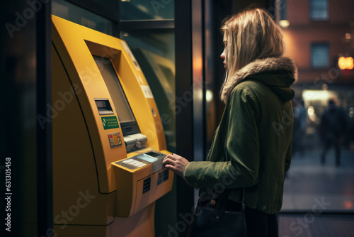 Woman at an ATM, pin, money, cash, withdrawal