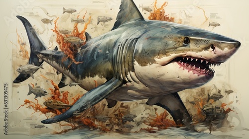  The white shark swims in the ocean in search of food. Danger bite from predator in sea and ocean  dangerous toothy fish. generative ai