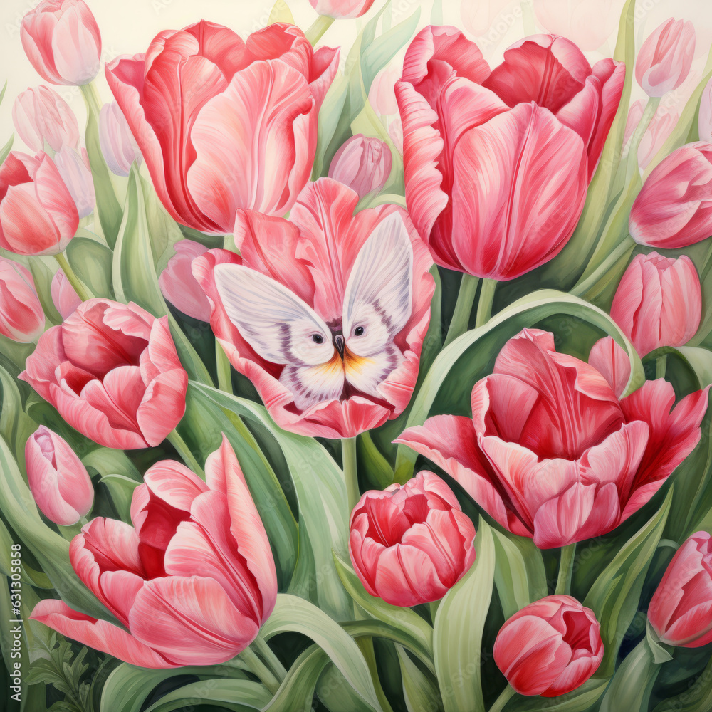 Elegant tulips bloom against a floral background, capturing nature's grace.
