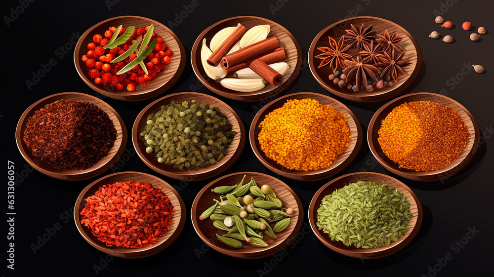 various spices and herbs. on black wooden background. Generative AI
