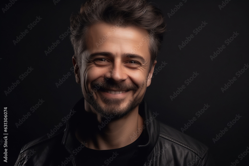 Caucasian young adult man smiling on a black background