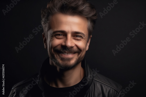 Caucasian young adult man smiling on a black background