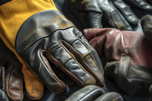 Extremely close-up of industrial gloves showing their various compositions, including metal, rubber, leather, and the like, and showcasing their unique uses