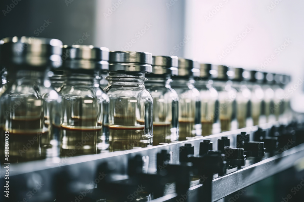 Extremely close-up shot of a capping machine head tightening caps on glass jars in a food processing facility against a colorful industrial backdrop Extremely close-up shot of a capping machine head tightening caps on glass jars in a food processing facility against a colorful industrial backdrop