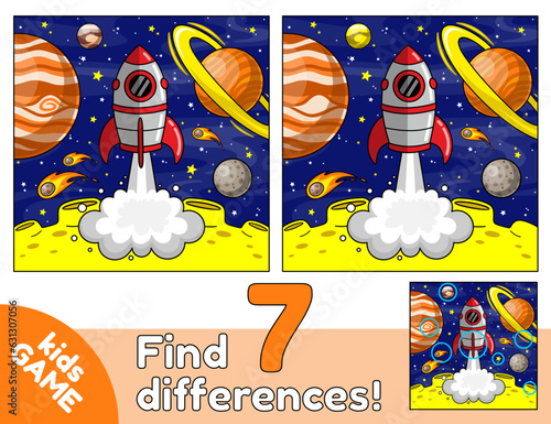 Educational kids game. Find 7 differences. Cartoon space rocket launch. Spaceship takes off from the surface of the moon on the background of the planets, stars and comets. Puzzle for children. Vector