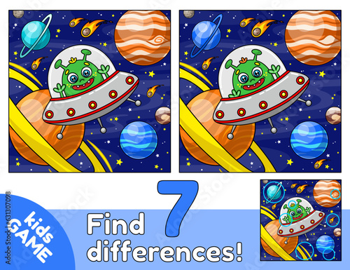 Find 7 differences. Educational kids game. Puzzle for preschool children. Cartoon space alien in flying saucer on the background of the planets, stars, comets. Cute extraterrestrial. UFO. Vector.