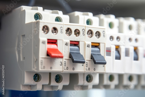 Extremely close-up of the circuit breaker tripping on a surge protector during a power surge