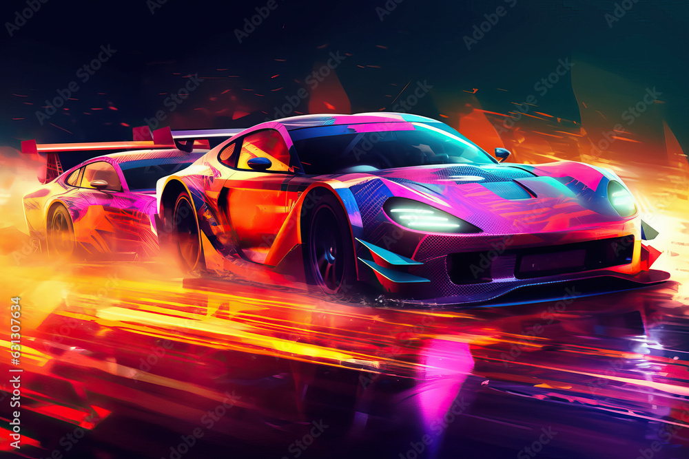 Illustration of a sport cars racing, car wheel driftin. Gaming concept