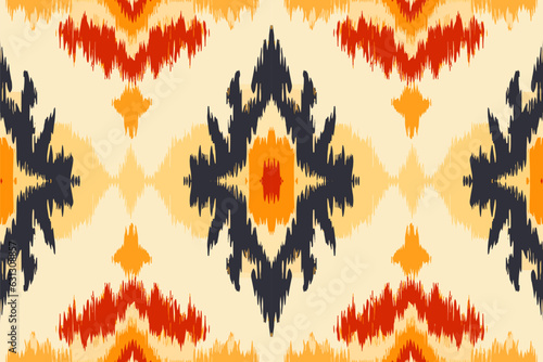 Ikat pattern in orange and yellow ethnic pattern. Traditional folk antique ornate elegant luxury background. Print design for fabric texture textile wallpaper background backdrop.