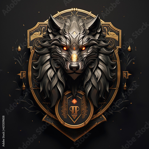 Epic High Fantasy Norse mythology Viking Wolf Head logo coat of arms emblem