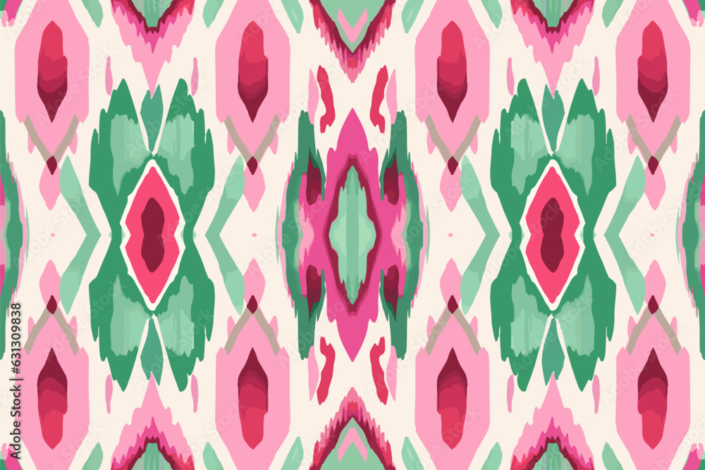 Ikat pattern in pink and green ethnic pattern. Traditional folk antique ornate elegant luxury background. Print design for fabric texture textile wallpaper background backdrop.