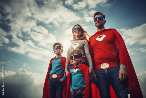 Dad with sons and daughter in superhero costume