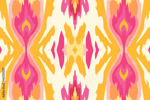 Ikat pattern in pink and yellow ethnic pattern. Traditional folk antique ornate elegant luxury background. Print design for fabric texture textile wallpaper background backdrop.