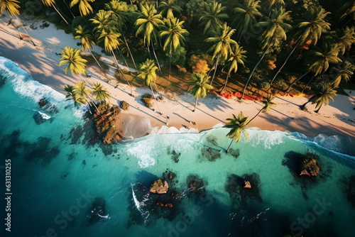 Aerial photo of tropical beach with palm trees and turquoise water - AI Generated
