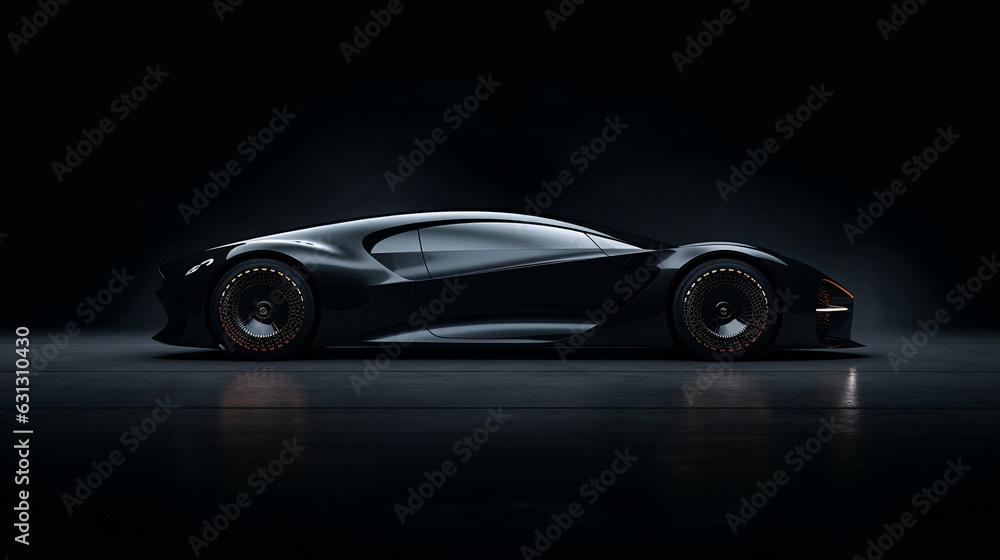 Black Sports Car with Designer Accents on Dark Background (AI Generated) Black Sports Car with Designer Accents on Dark Background (AI Generated)