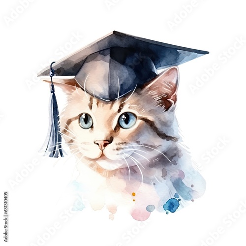 Cute watercolor cat in graduarion cap isolated