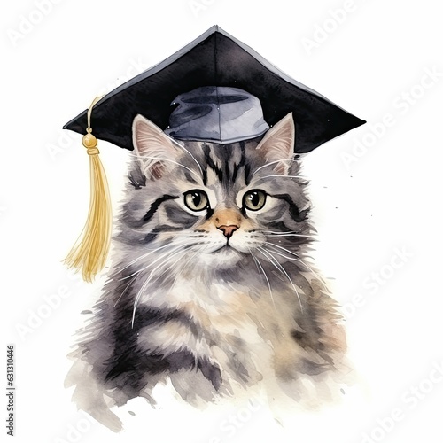 Cute watercolor cat in graduarion cap isolated