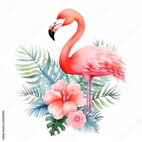 Cute watercolor flamingo with tropical flowers isolated