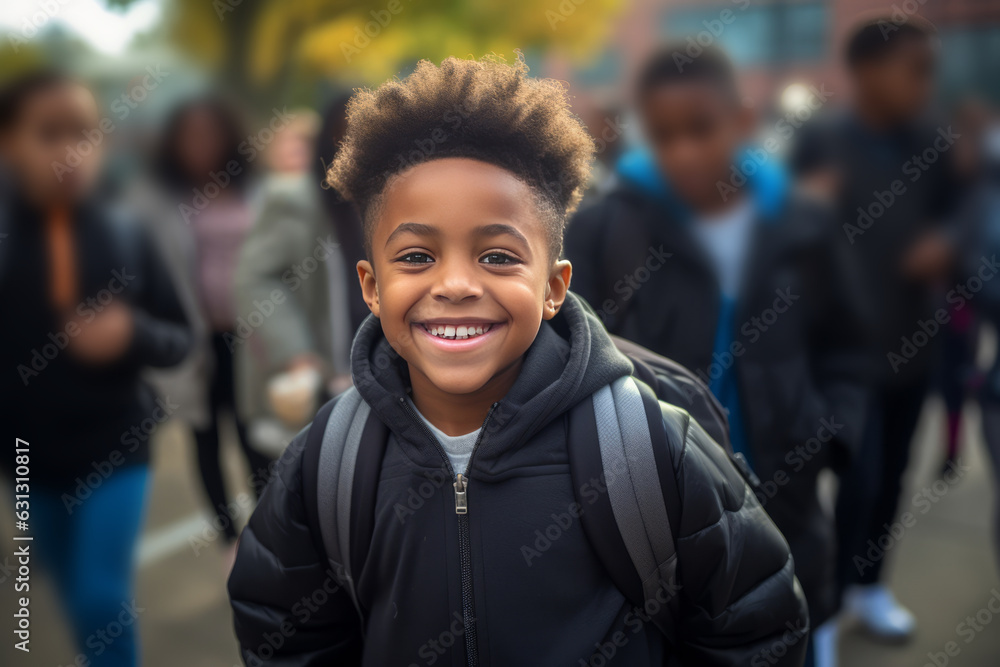 A happy child in black walking into school A happy child in black walking into school