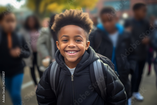 A happy child in black walking into school © olegganko