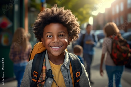 A happy child in black walking into school