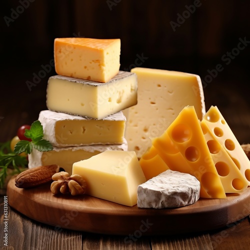 Different types of cheese in stack on rustic background