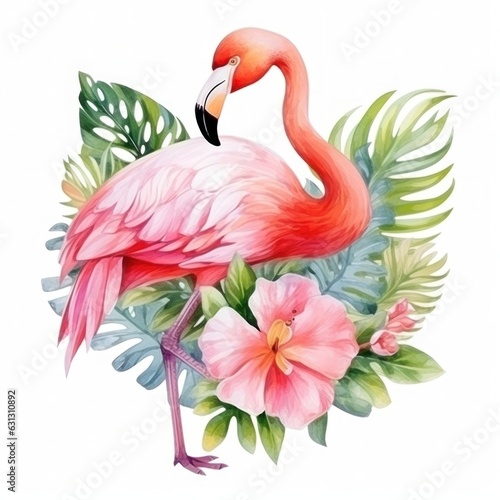 Cute watercolor flamingo with tropical flowers isolated